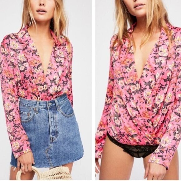 Intimately Free‎ People Elsa Floral Plunge Bodysuit Pink Small - Picture 1 of 6